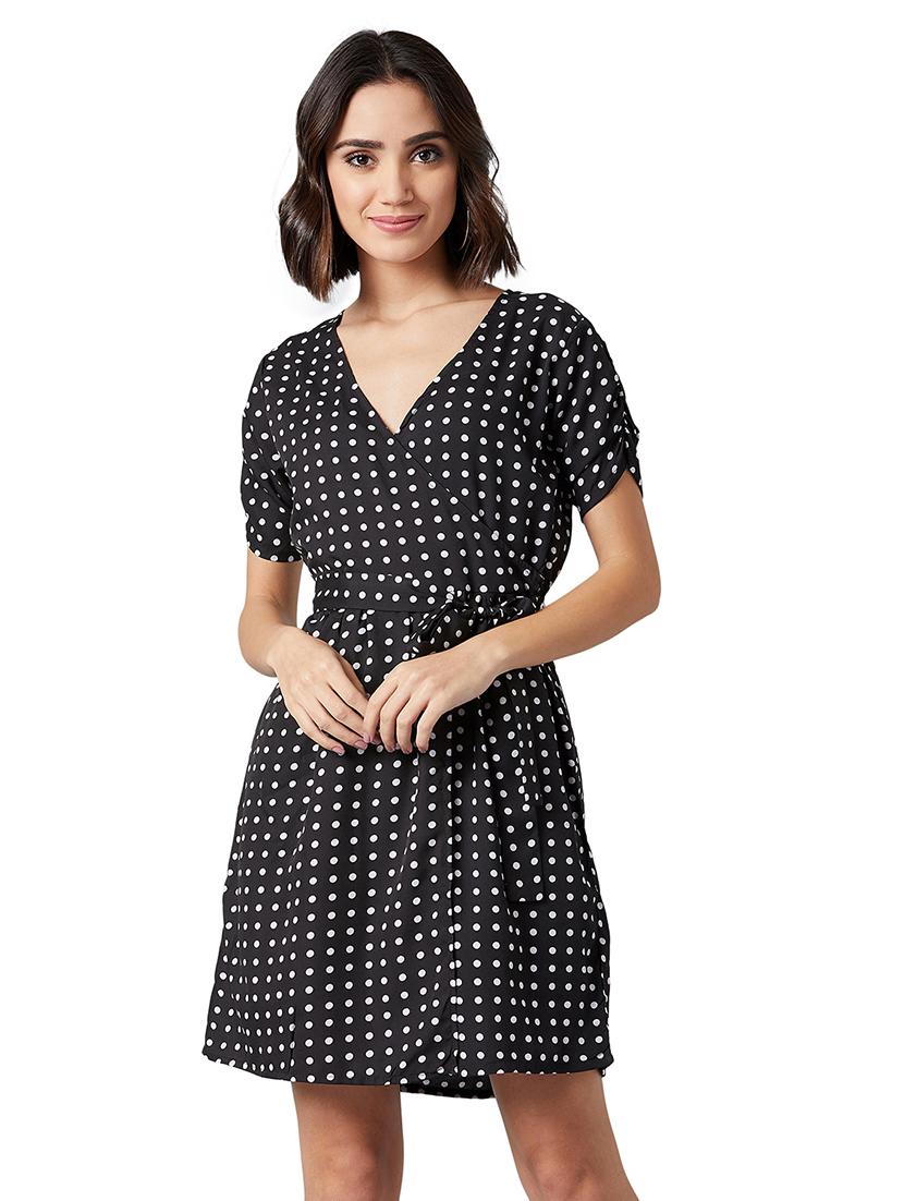 polka printed ruched short sleeved a-line dress - 18453622 -  Zoom Image - 0