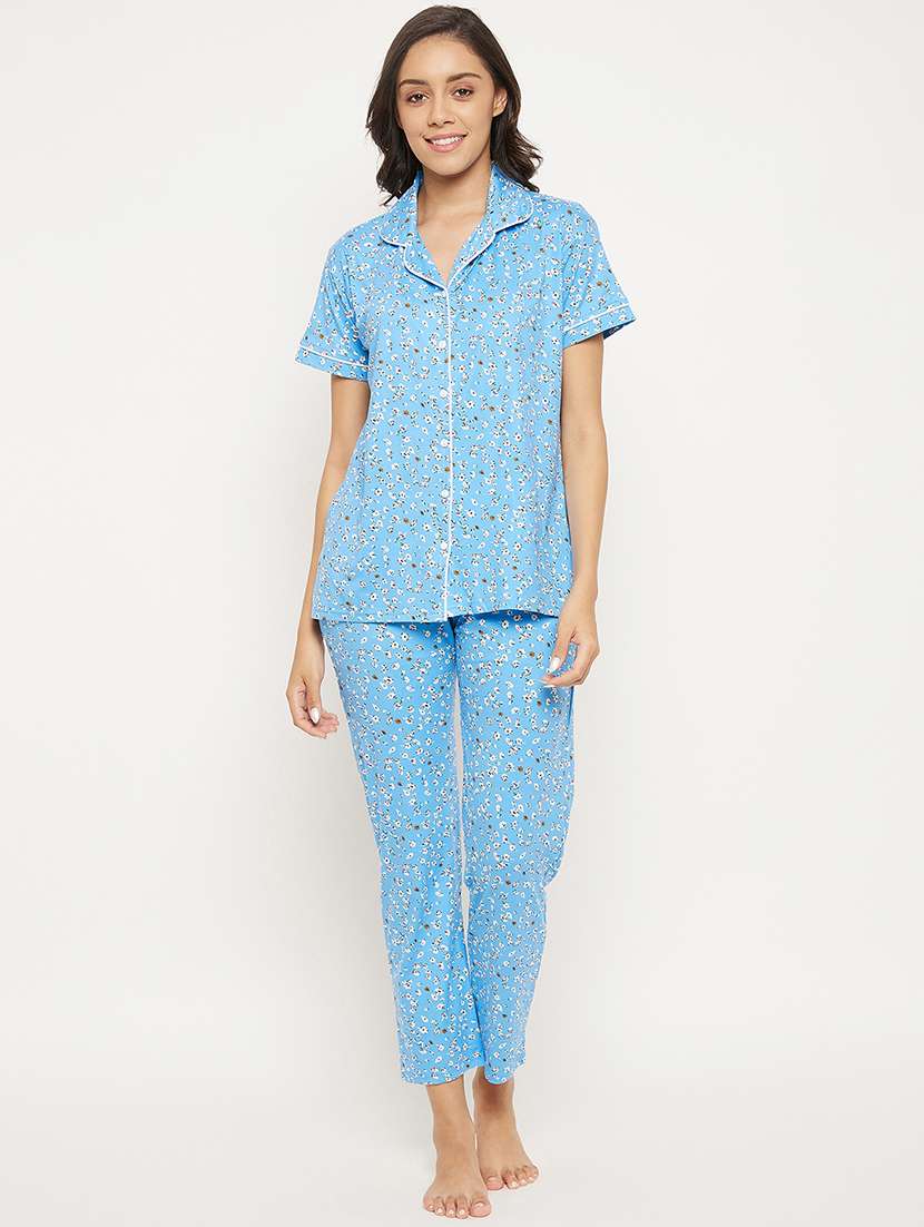 shirt collar floral nightwear pajama set