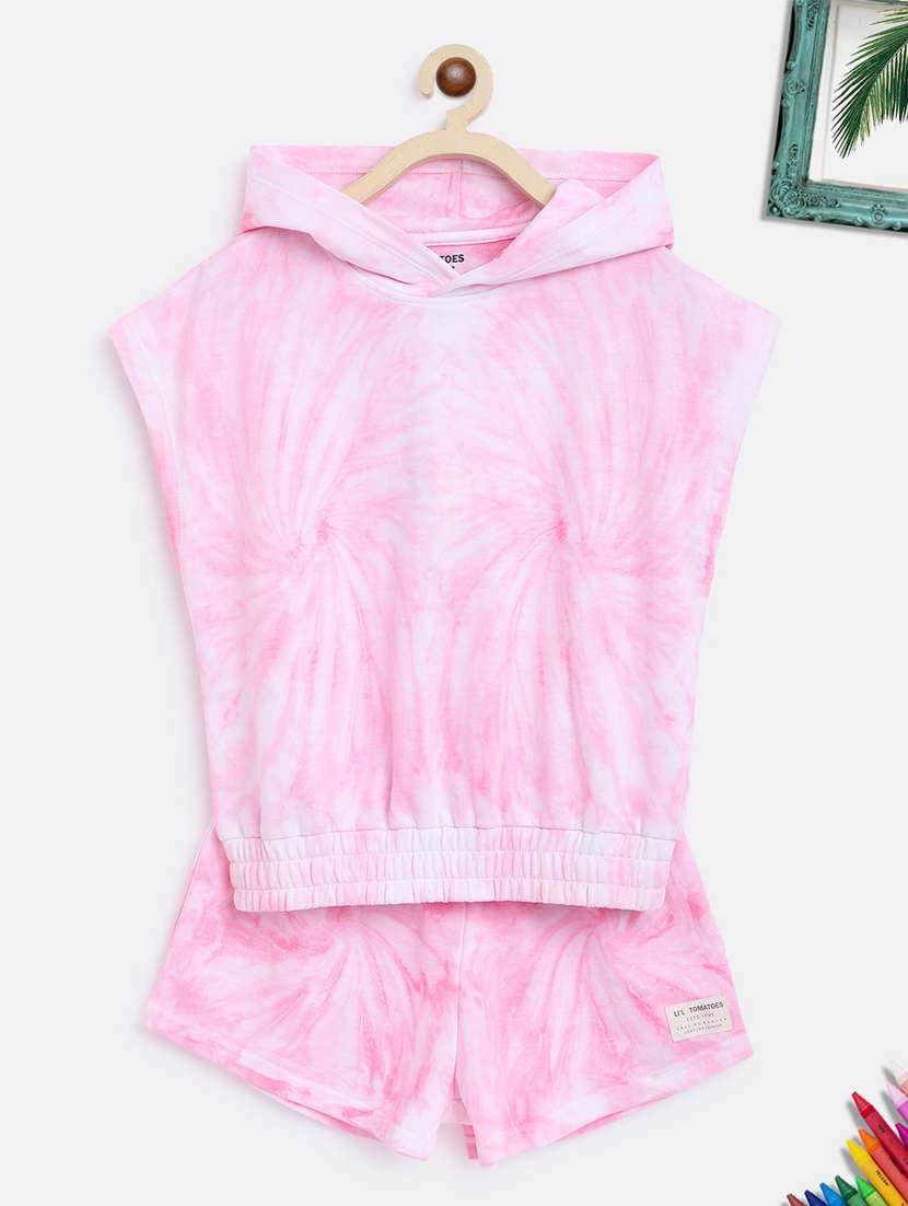 girls pink tie & dye shorts set