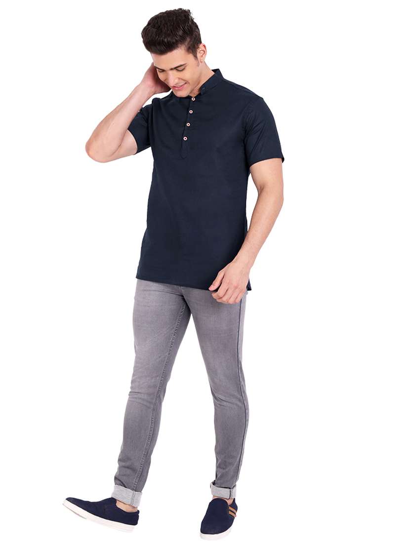 navy blue solid short kurta - 18454644 -  Standard Image - 3