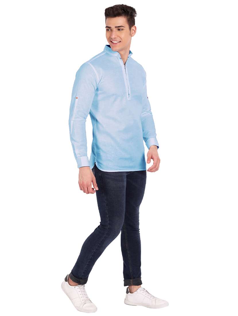 light blue solid short kurta - 18454659 -  Standard Image - 3