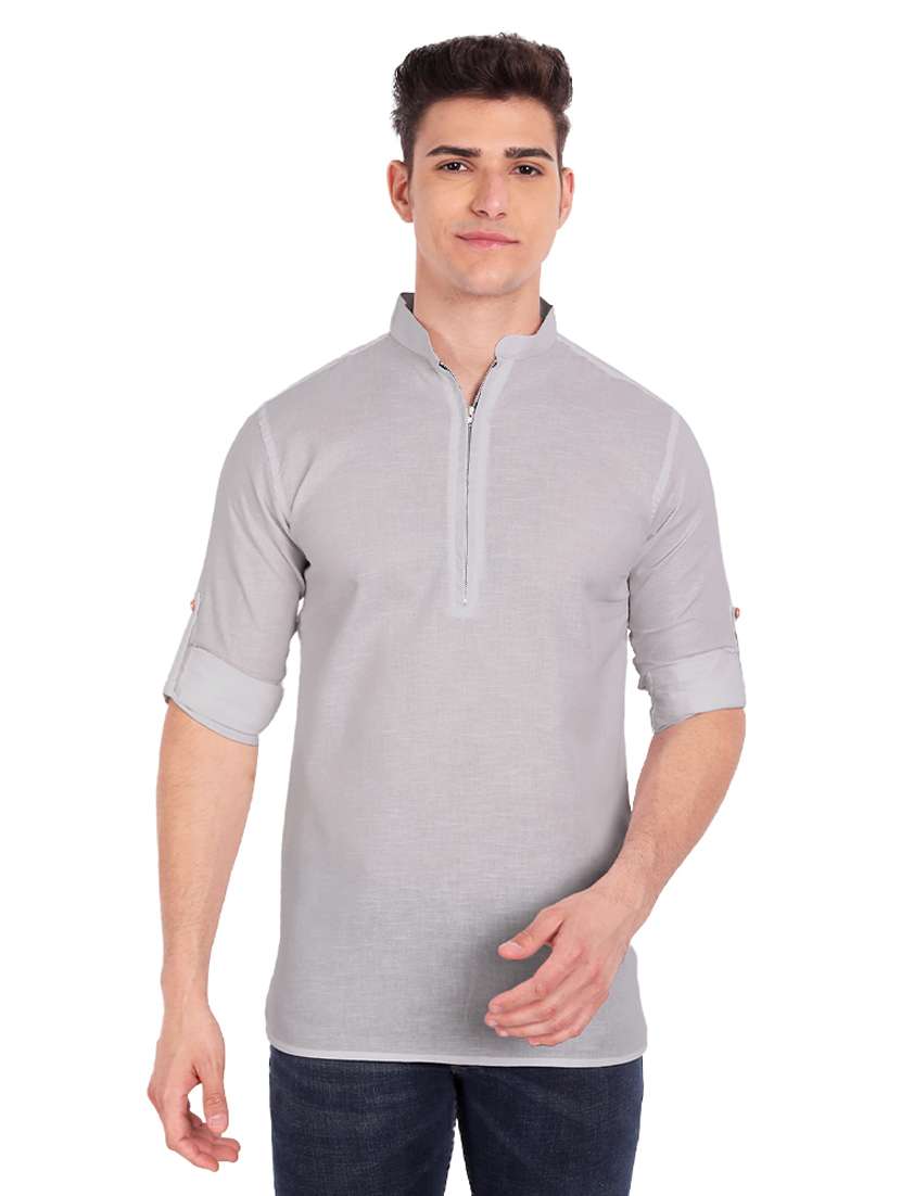 grey solid short kurta - 18454663 - Zoom Image - 0
