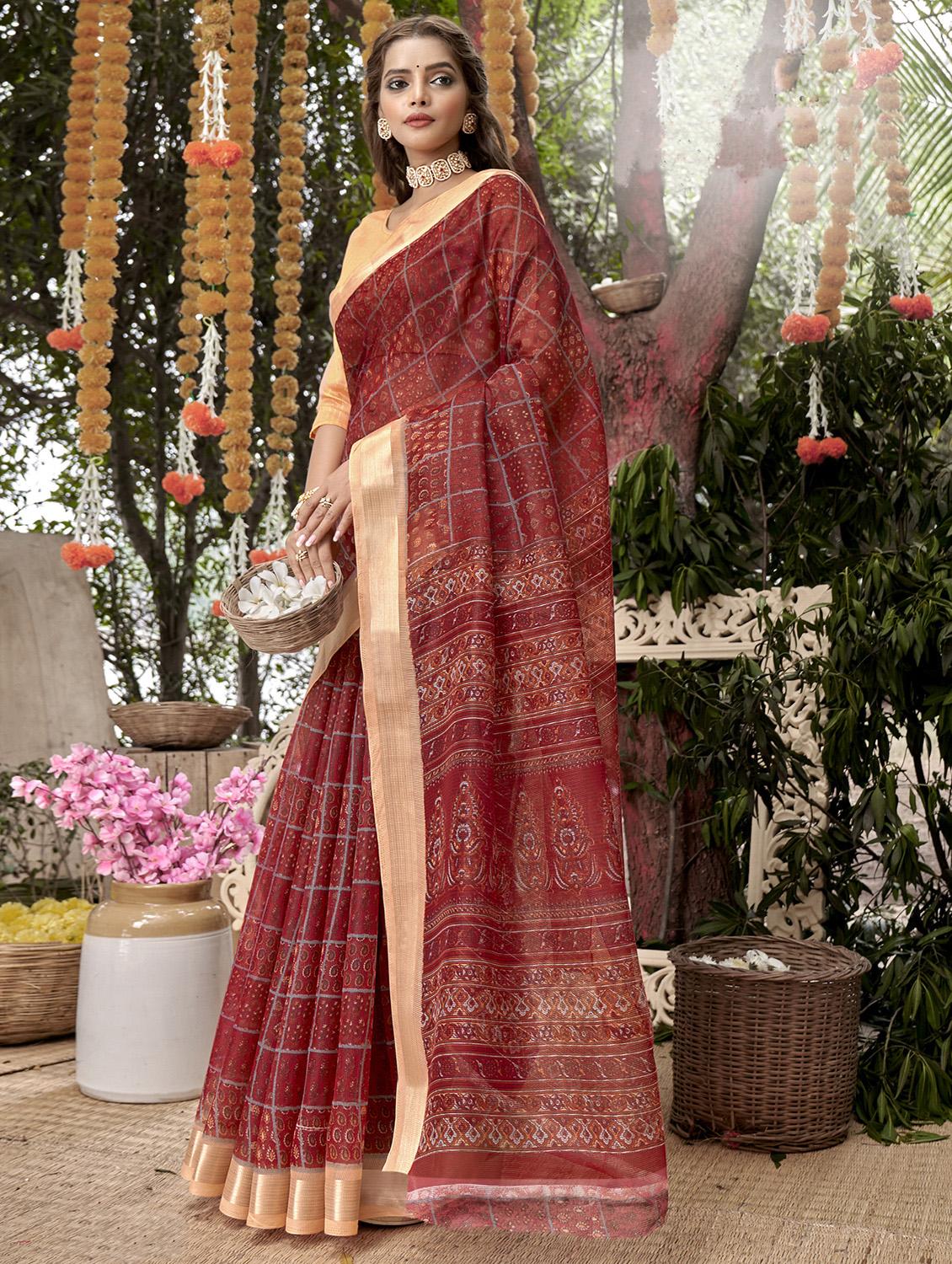 contrast bordered checkered woven saree with blouse