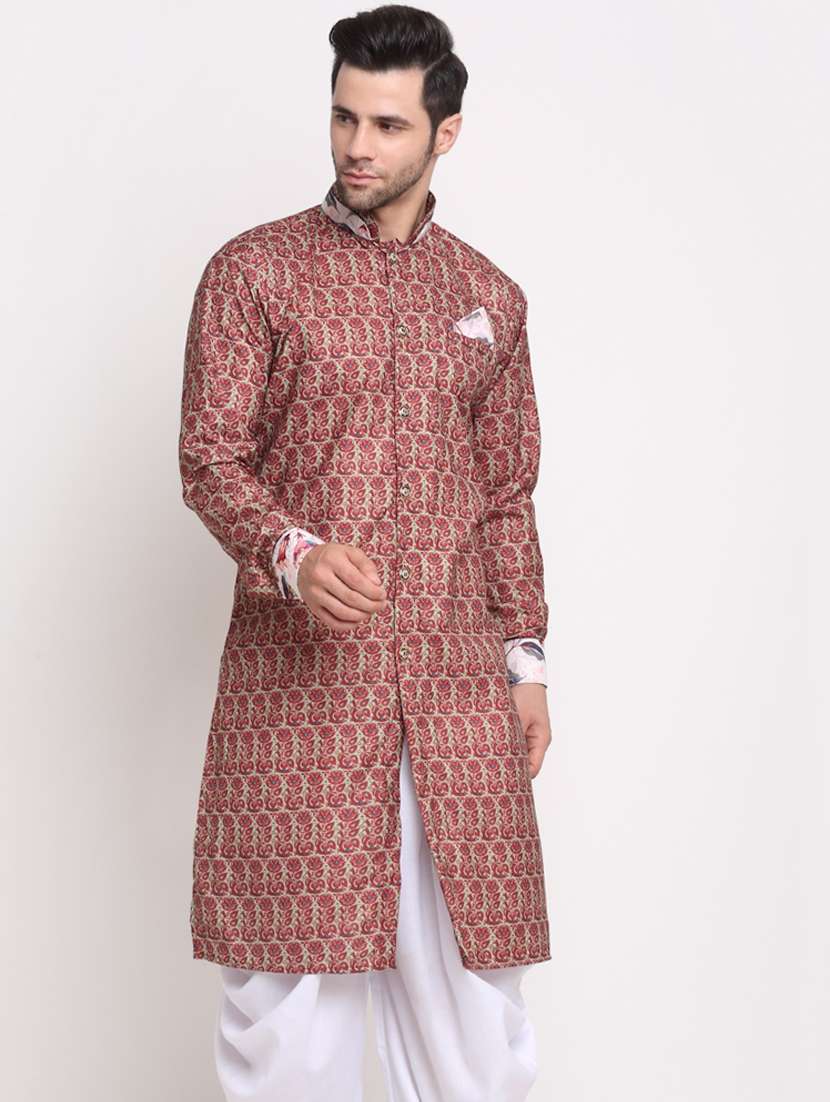 men red printed mandarin neck long kurta