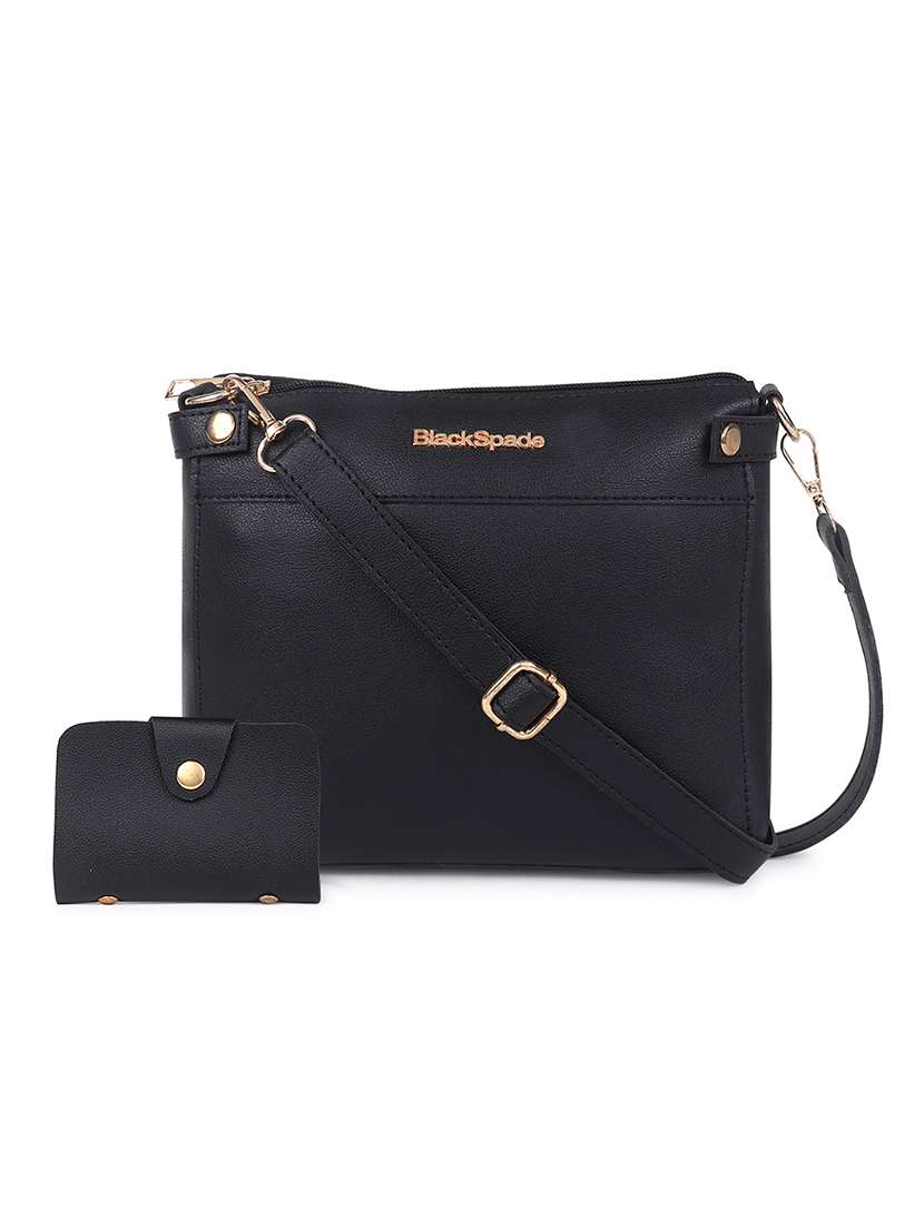 black solid regular sling bag with wallet