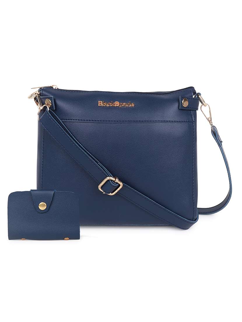 navy blue solid regular sling bag with wallet