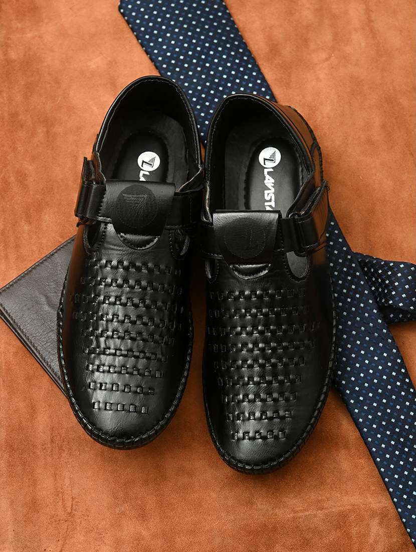 black faux leather back strap sandals