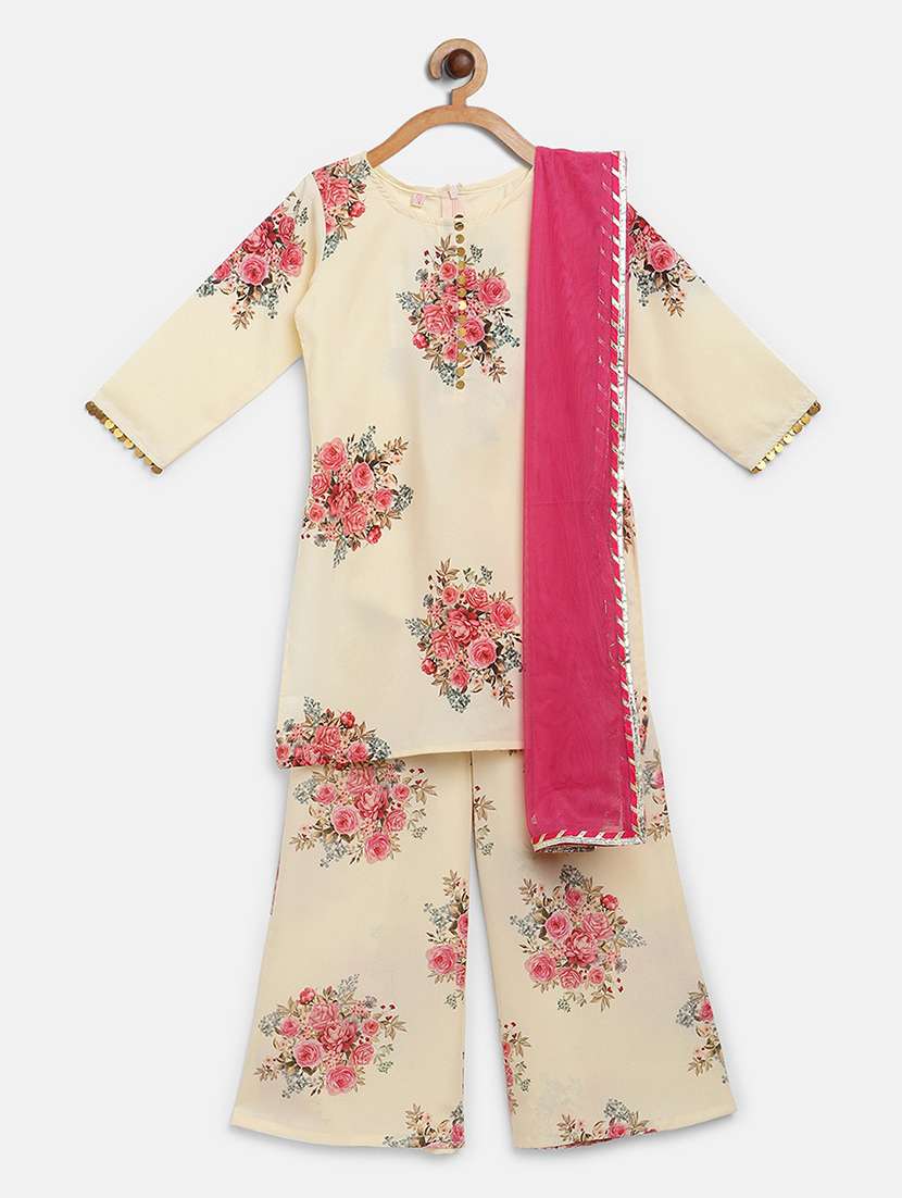 girls beige floral kurta pajama set 