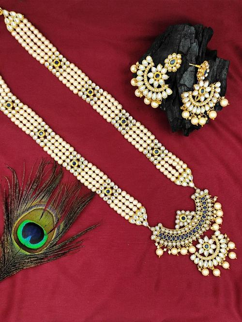 designer traditional blue long haram gold plated pearls necklace set for women - 18458365 - Standard Image - 0