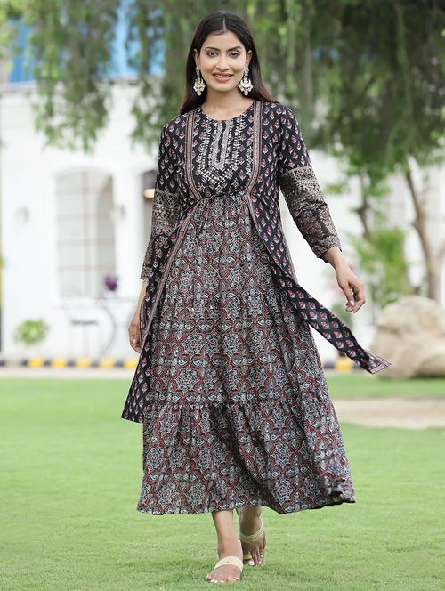 foil printed layered ethnic dress with jacket - 18458814 - Standard Image - 0