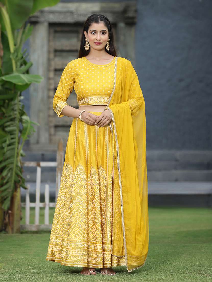 Yellow Foil Print Stitched Flared Lehenga Choli Set With Dupatta
