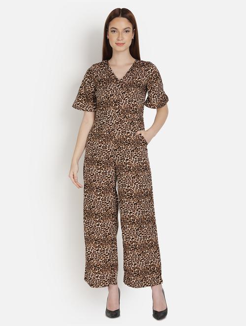 v-neck animal print full leg jumpsuit - 18458968 - Standard Image - 0