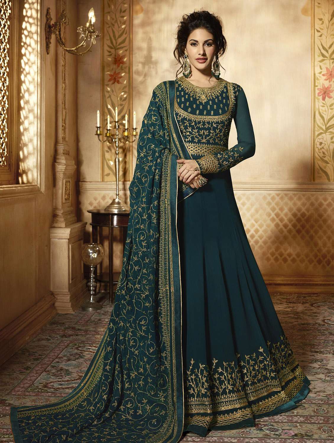 embroidered semi-stitched flared suit set - 18459896 - Zoom Image - 0