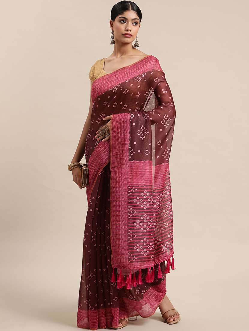 women's bandhani brown colored saree with blouse