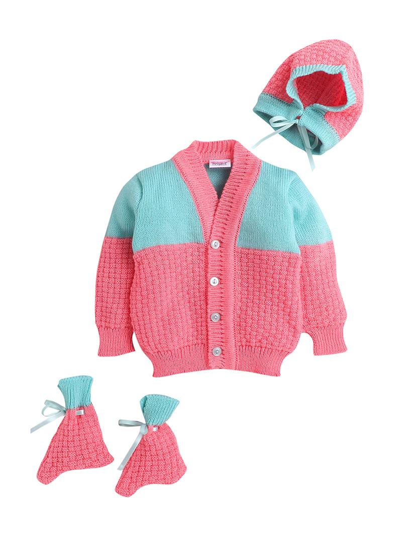 girls pink color block sweater with cap & socks - 18460394 - Standard Image - 3
