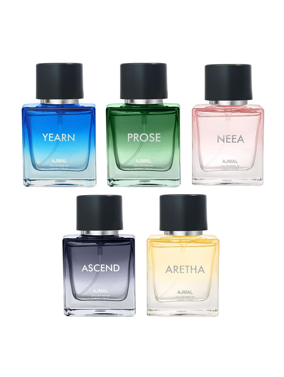 ajmal neea edp 50 ml and prose edp 50 ml and aretha edp 50 ml and yearn edp 50 ml & ascend edp 50 ml +2 perfume testers free