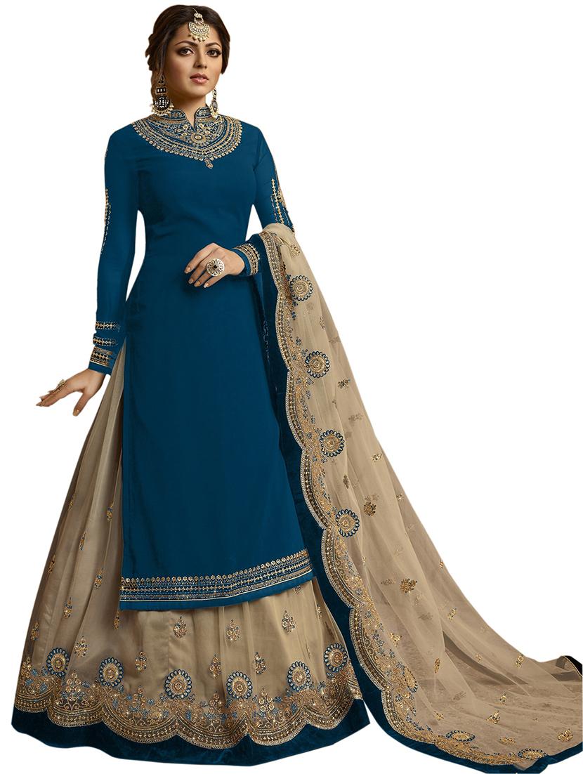teal embroidered semi-stitched kurta skirt suit set - 18462582 -  Zoom Image - 0