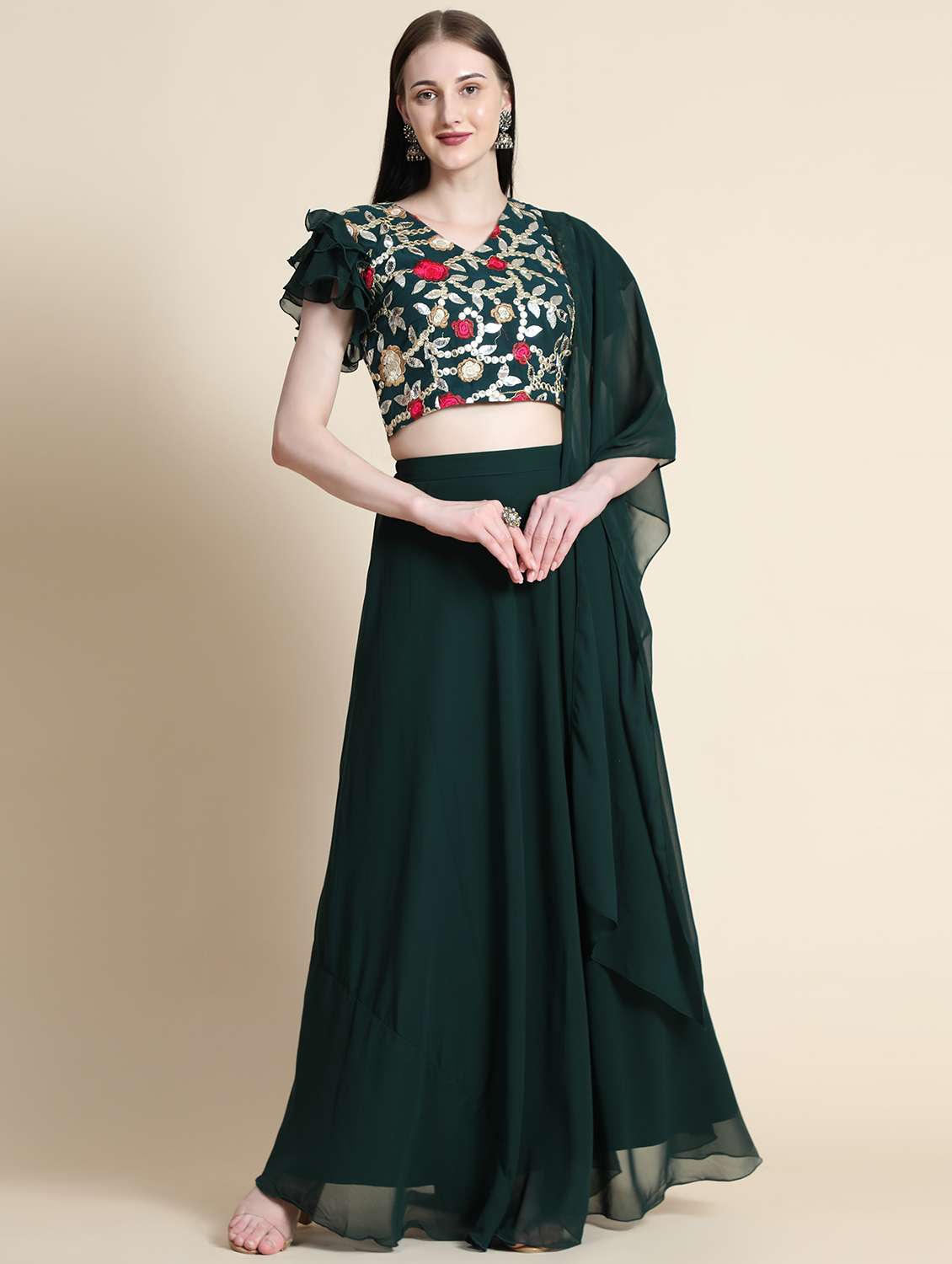green embroidered stitched flared lehenga choli set with dupatta