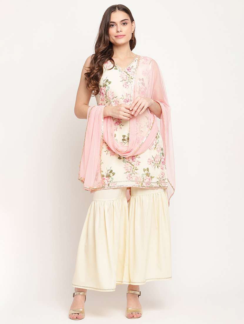 floral printed kurta sharara set with dupatta
