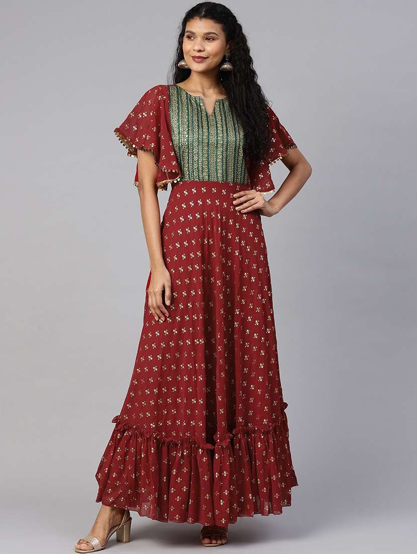 maroon foil print a-line kurta