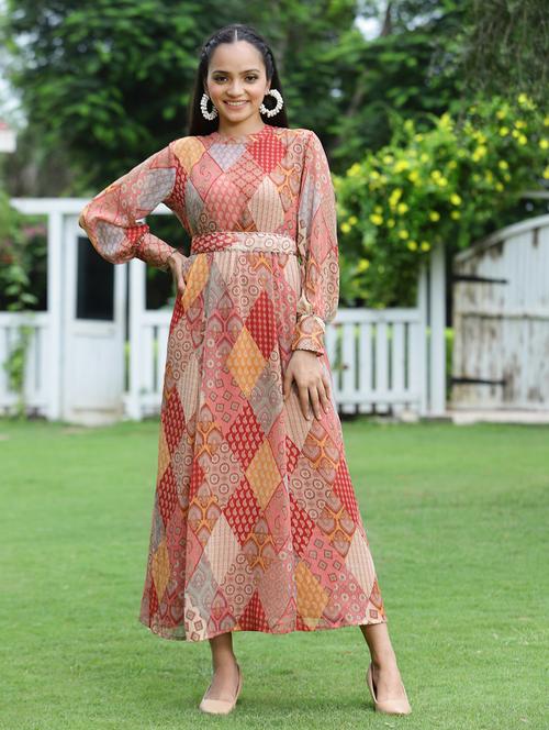 printed flared ethnic dress - 18465709 - Standard Image - 0