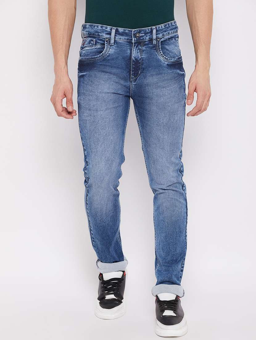 blue light-washed denim jean