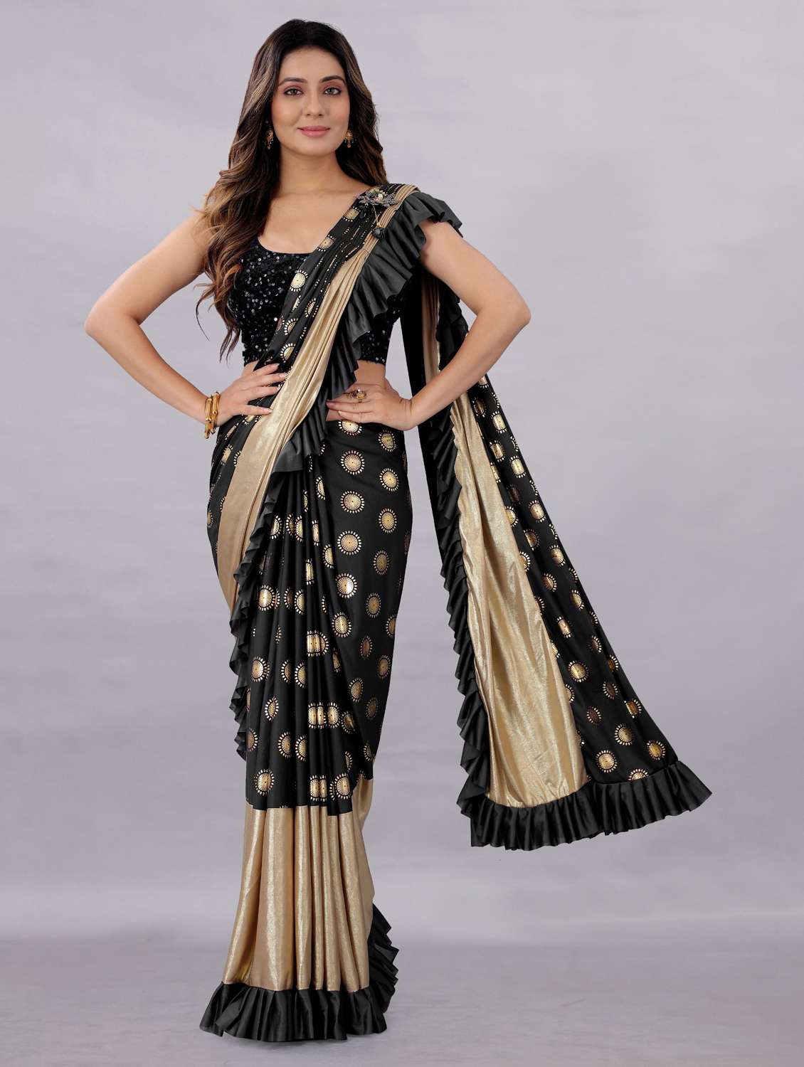 foil print sequence embroidered saree with blouse