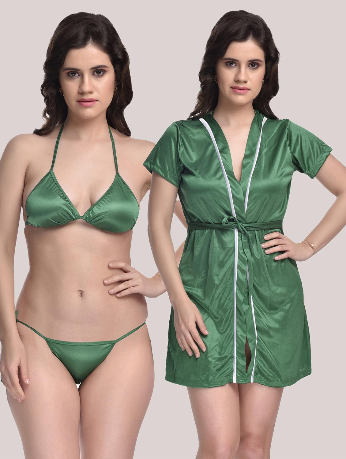 tie front solid robe with bra & panty set - 18466678 - Zoom Image - 0