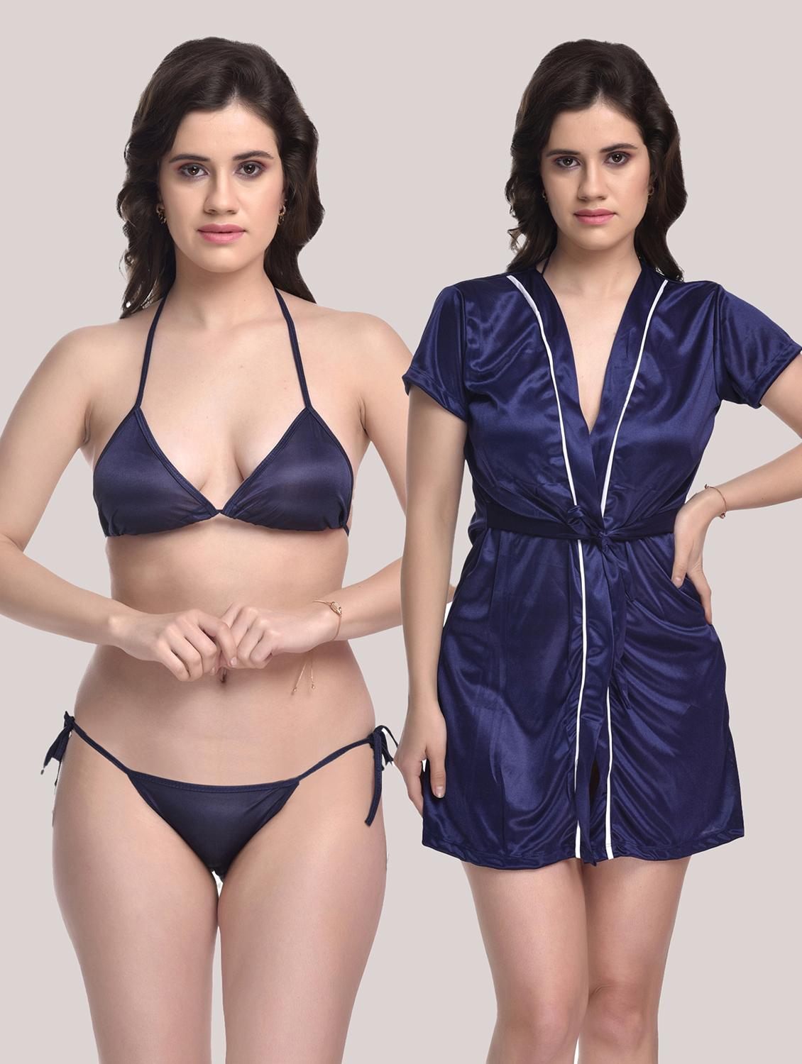 tie front solid robe with bra & panty set - 18466680 - Zoom Image - 0