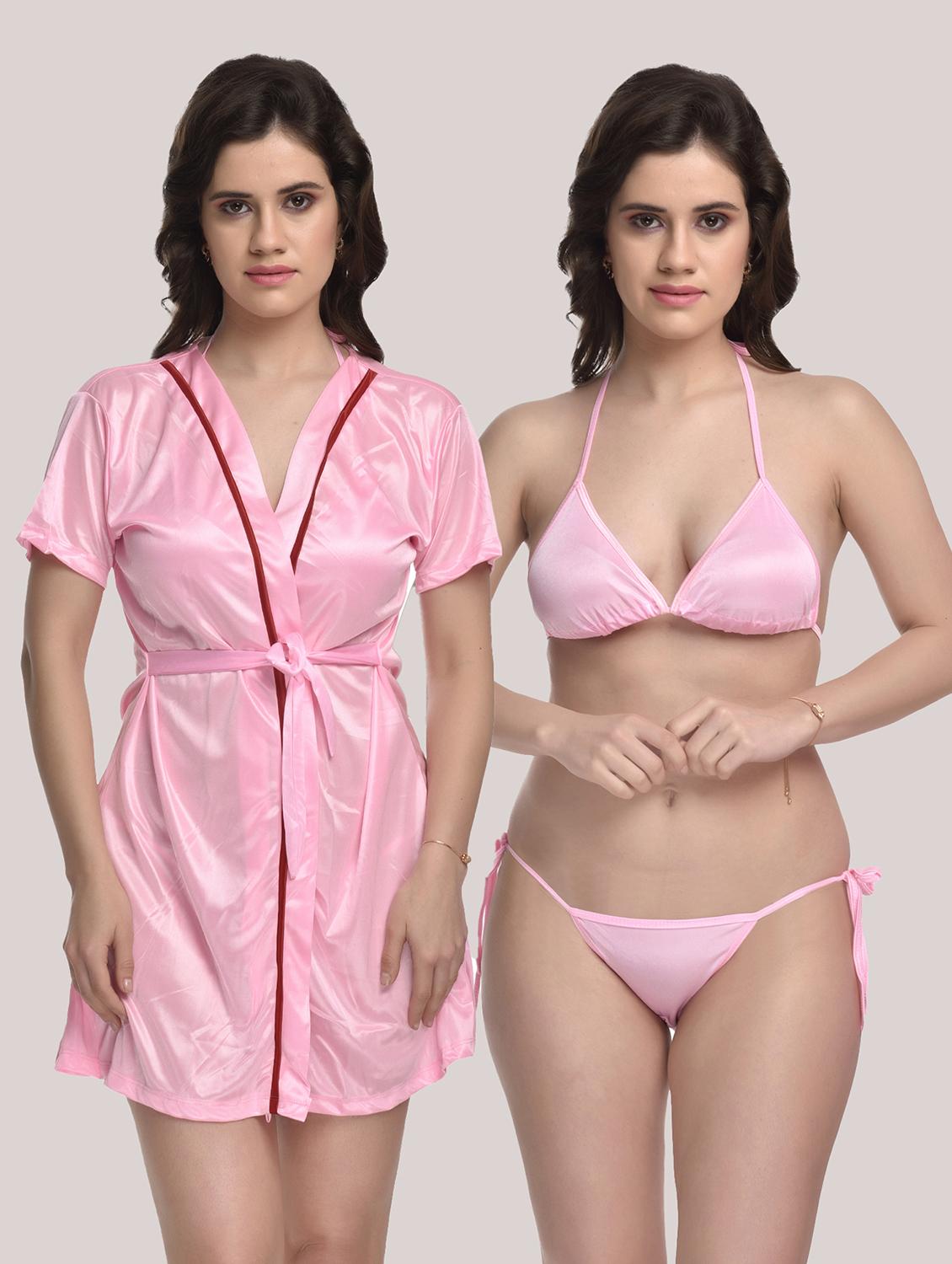 tie front solid robe with bra & panty set - 18466681 - Zoom Image - 0