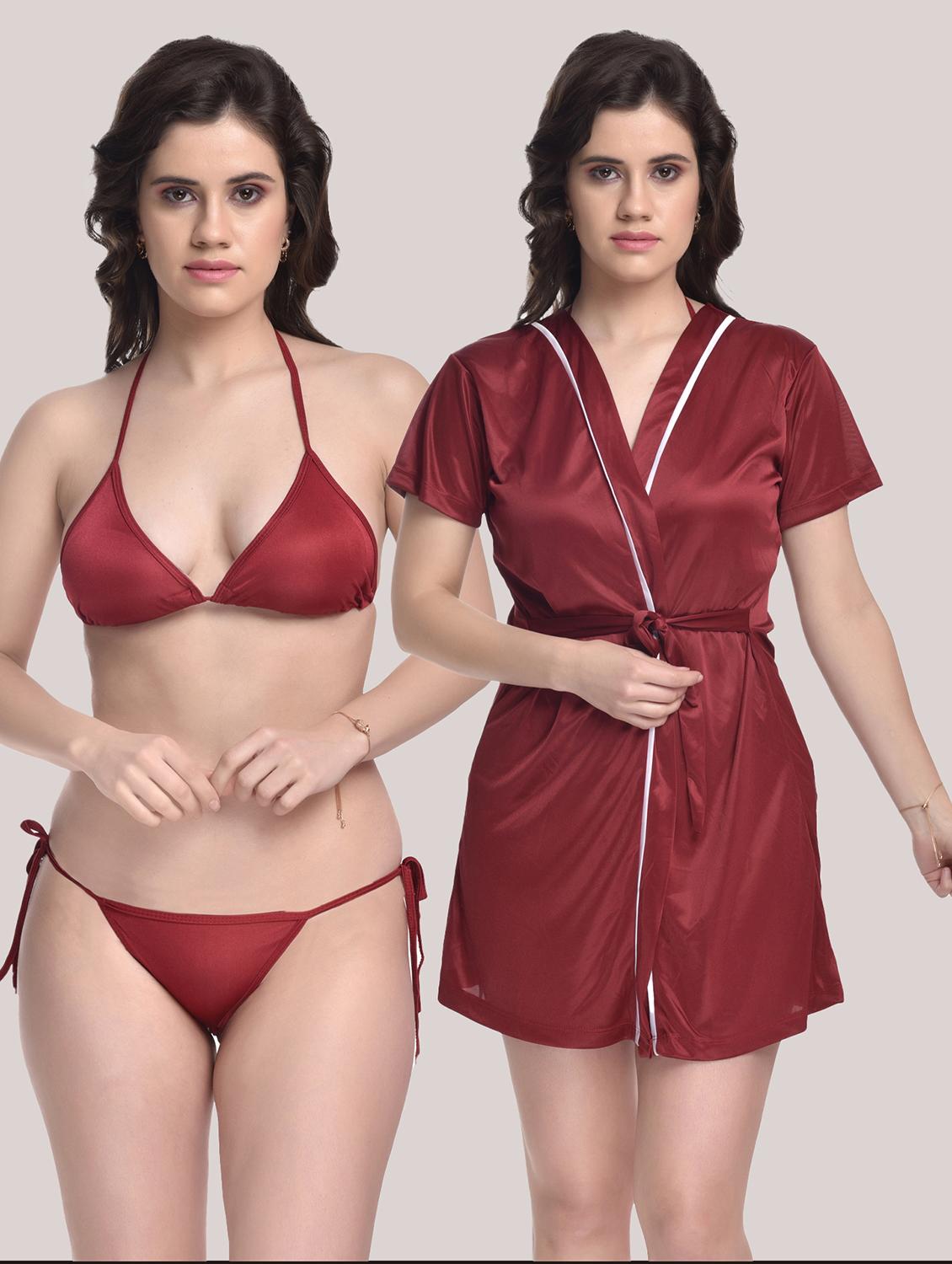 tie front solid robe with bra & panty set  - 18466683 -  Zoom Image - 0