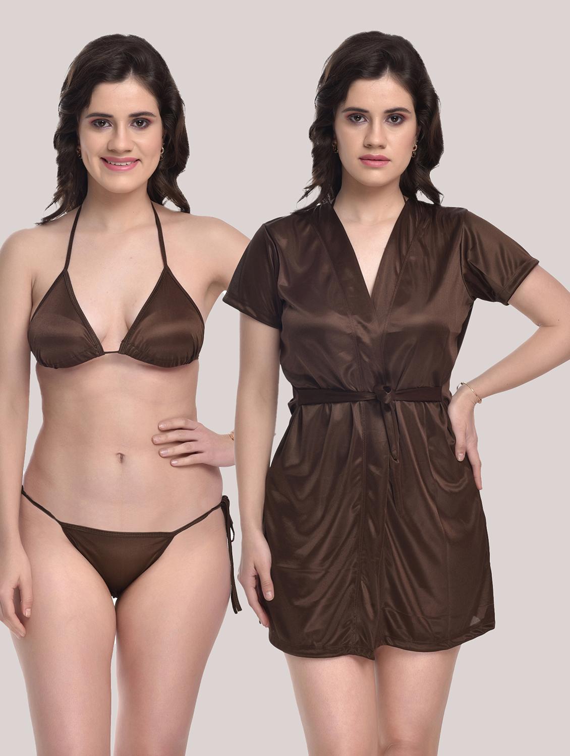 tie front solid robe with bra & panty set - 18466686 - Zoom Image - 0