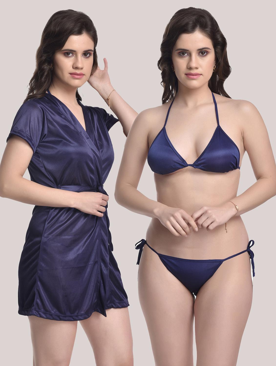 tie front solid robe with bra & panty set - 18466687 - Zoom Image - 0