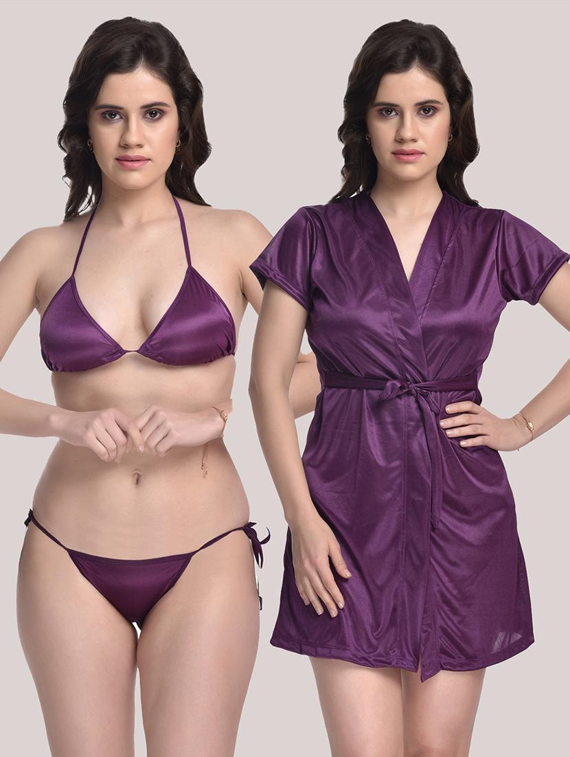 tie front solid robe with bra & panty set - 18466688 - Zoom Image - 0