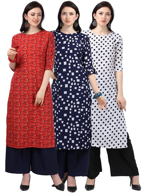set of 3 pcs printed combo kurta - 18467611 -  Standard Image - 0