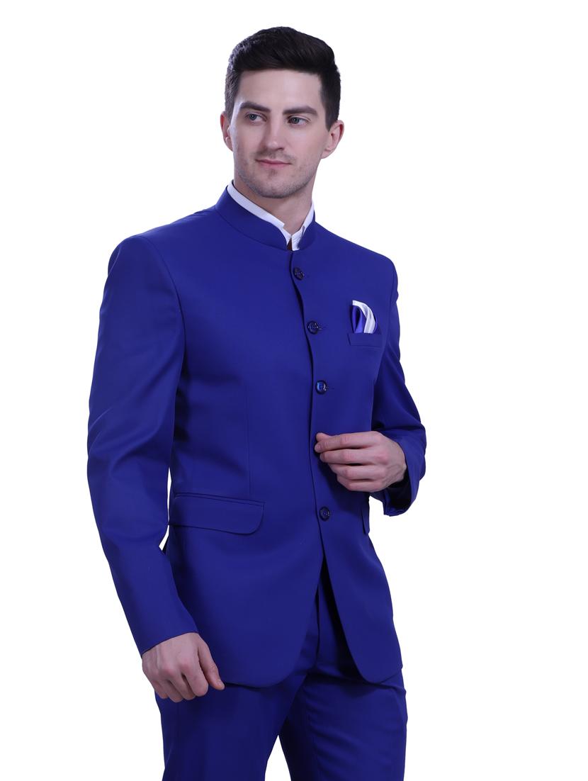 navy-blue solid bandhgala two piece suit set - 18470380 -  Zoom Image - 0