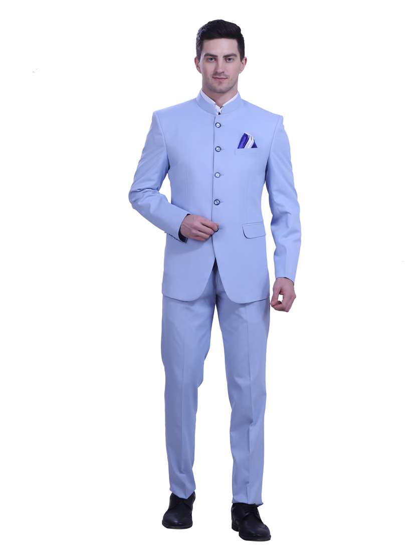 light blue solid bandhgala two piece suit set - 18470381 - Standard Image - 3