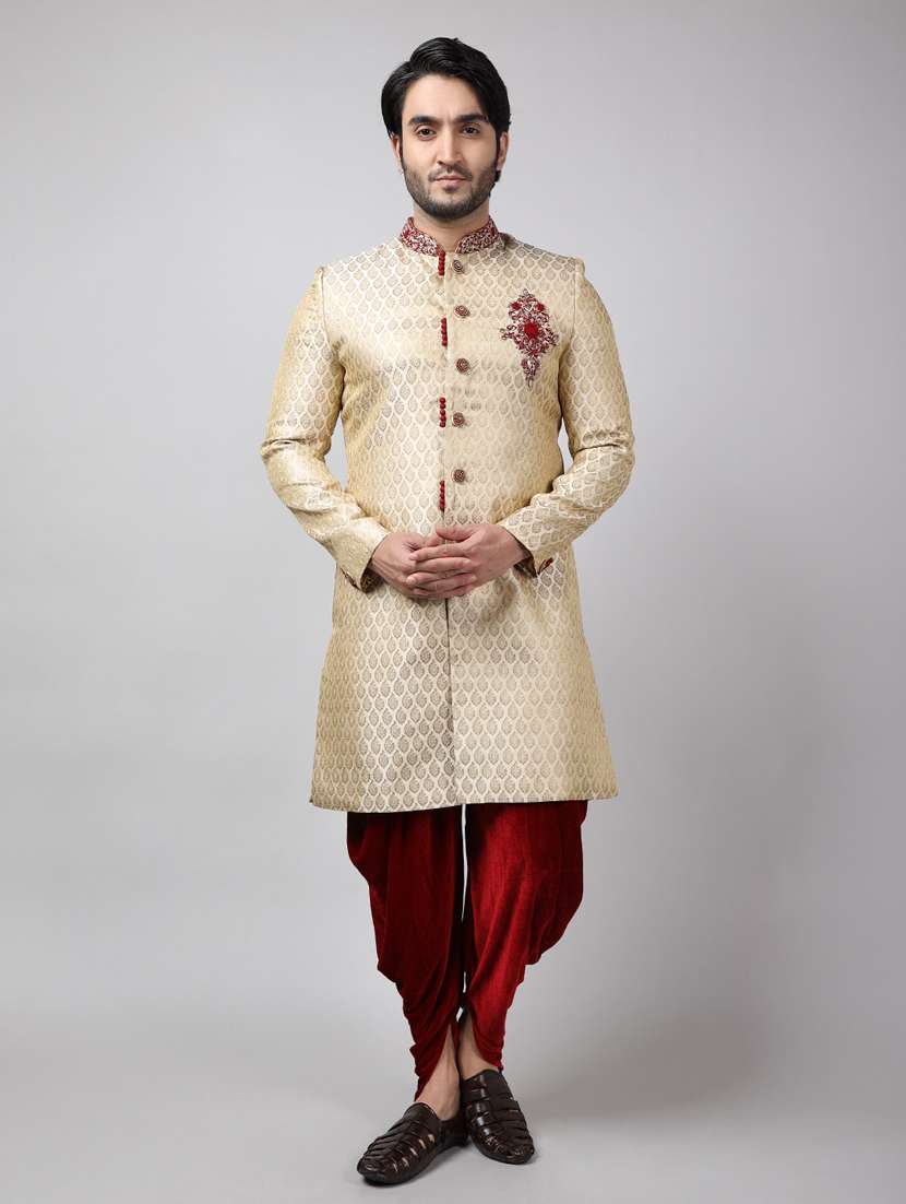 golden silk brocade sherwani ethnic wear set