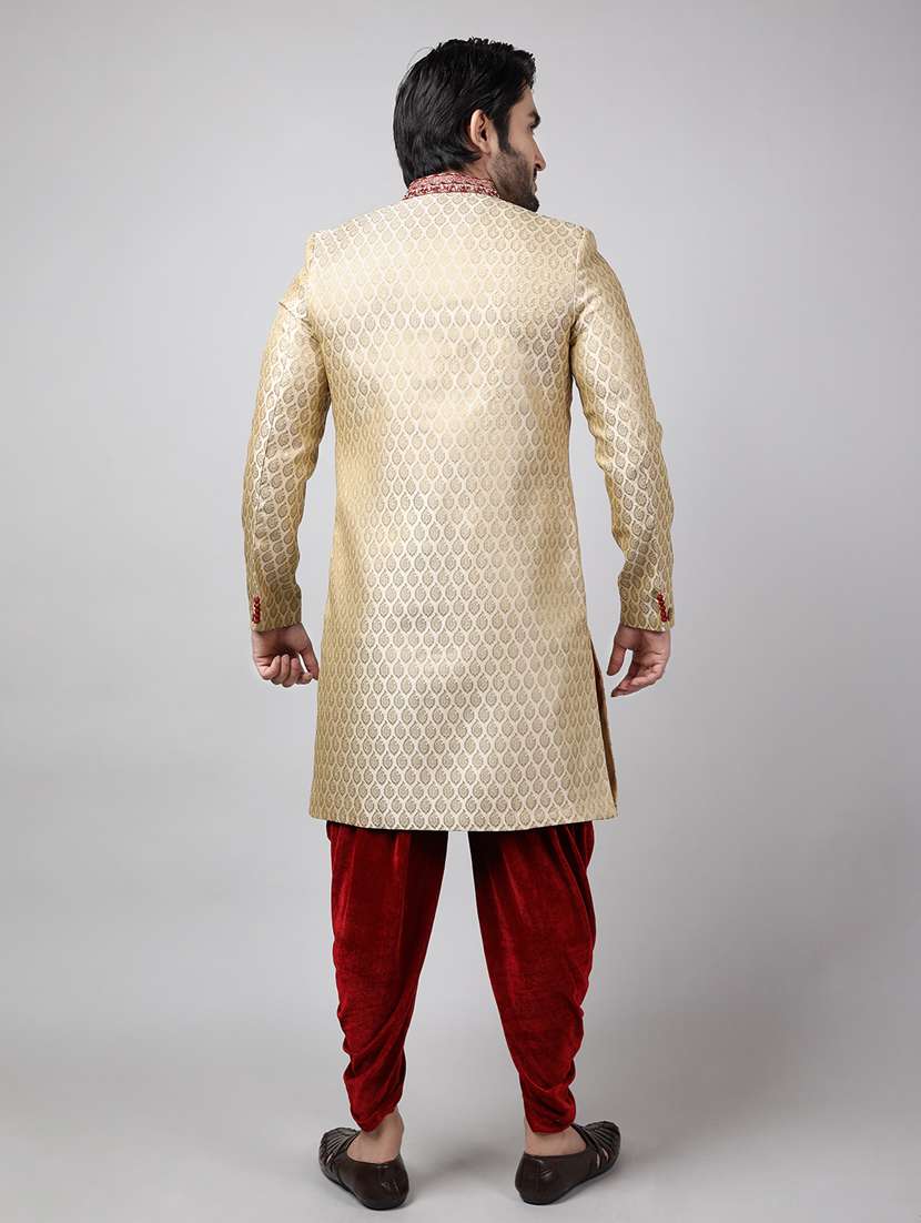 golden silk brocade sherwani ethnic wear set - 18473005 -  Standard Image - 3