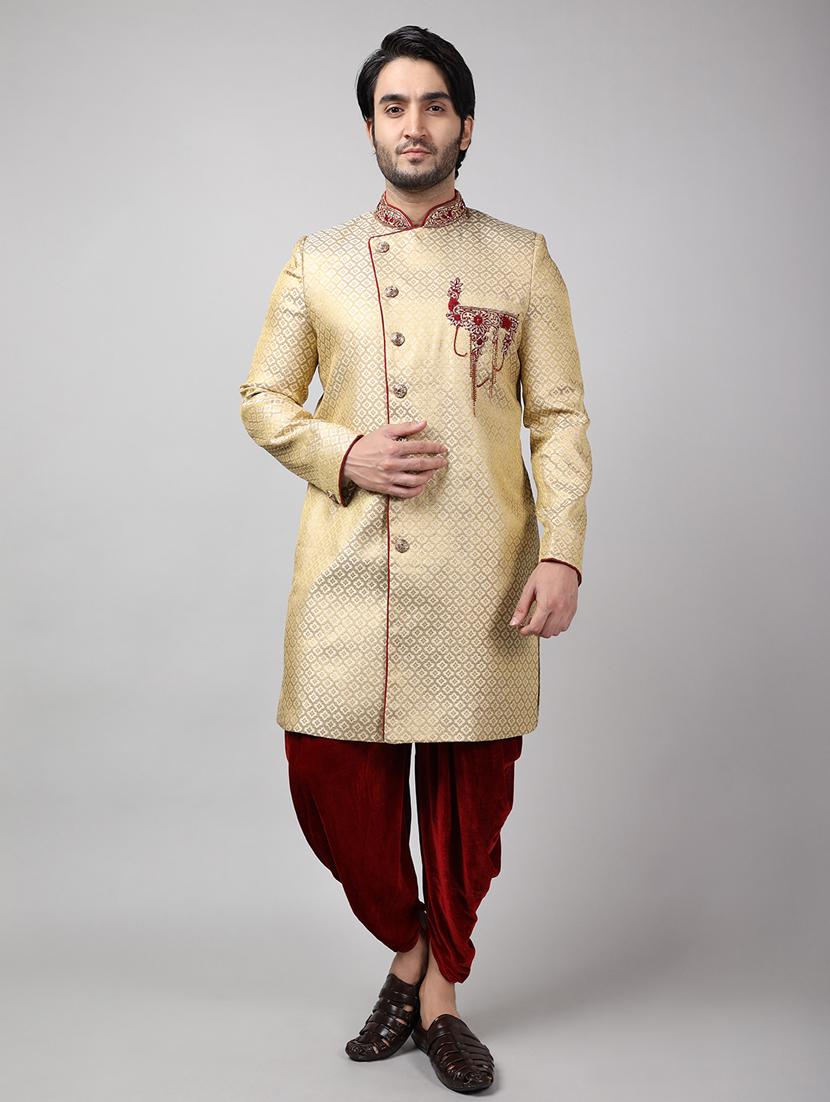 golden silk brocade sherwani ethnic wear set