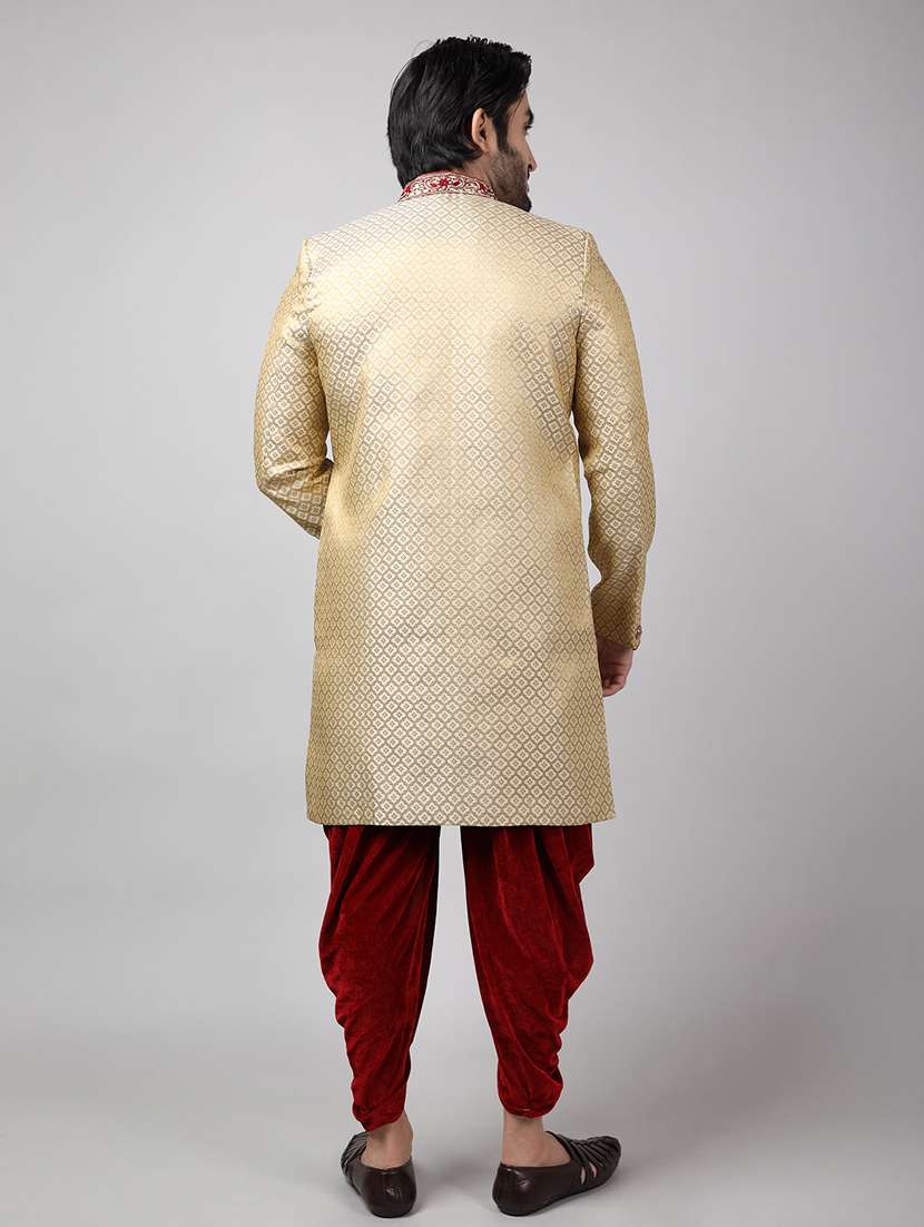 golden silk brocade sherwani ethnic wear set - 18473006 -  Standard Image - 3