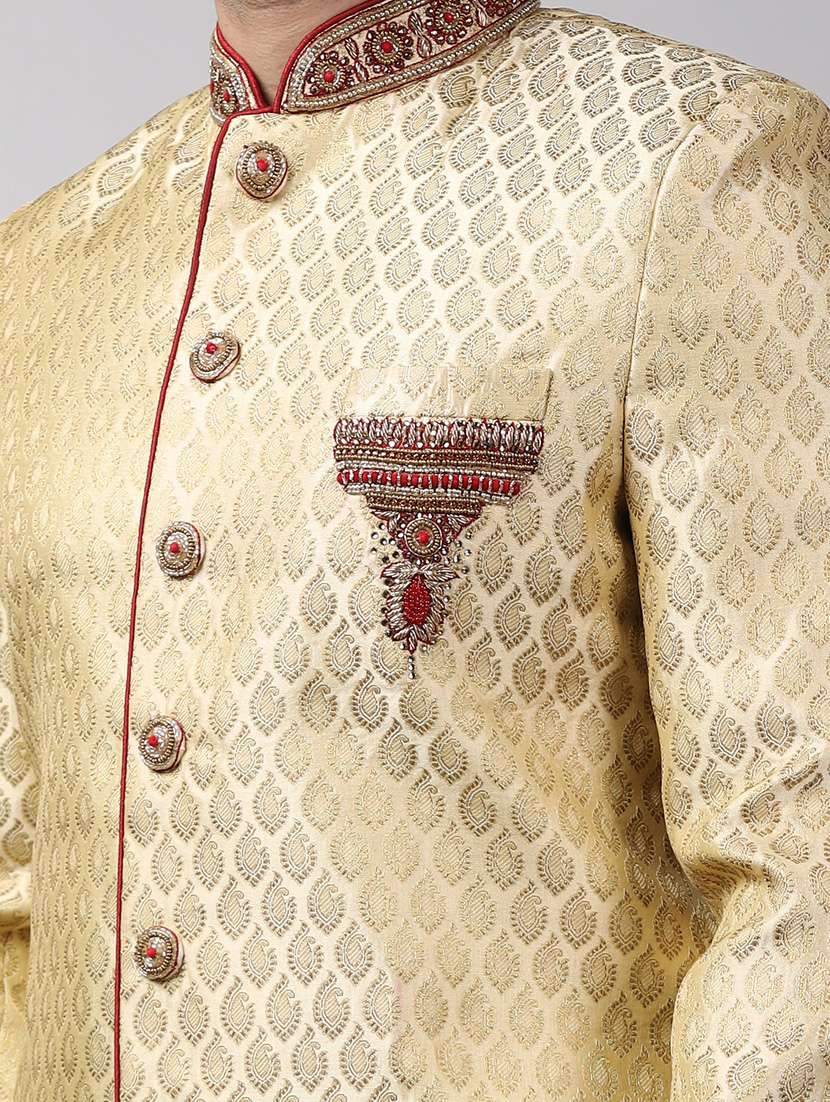 golden silk brocade sherwani ethnic wear set - 18473010 - Standard Image - 5