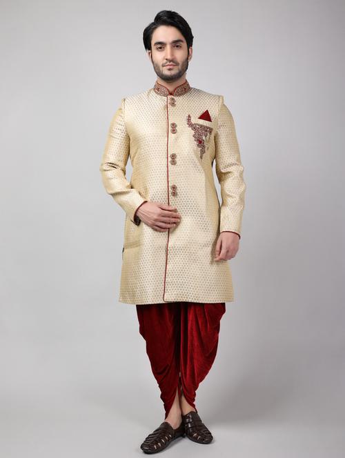 golden silk brocade sherwani ethnic wear set - 18473014 -  Standard Image - 0