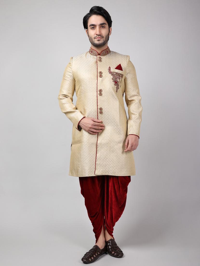 golden silk brocade sherwani ethnic wear set - 18473014 -  Zoom Image - 0