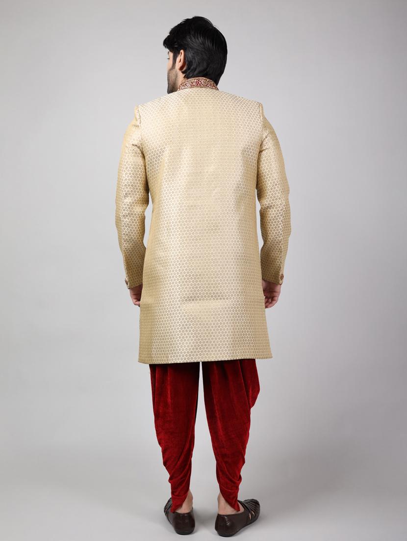 golden silk brocade sherwani ethnic wear set - 18473014 - Standard Image - 3