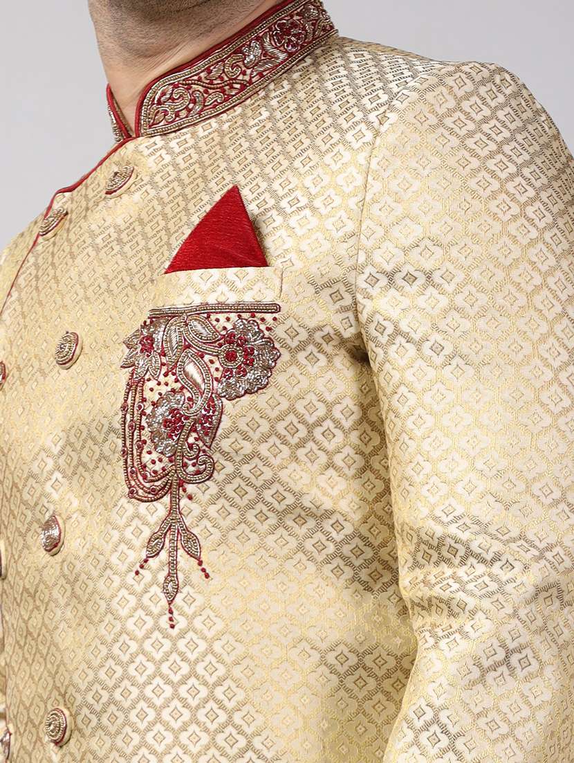 golden silk brocade sherwani ethnic wear set - 18473015 -  Standard Image - 5