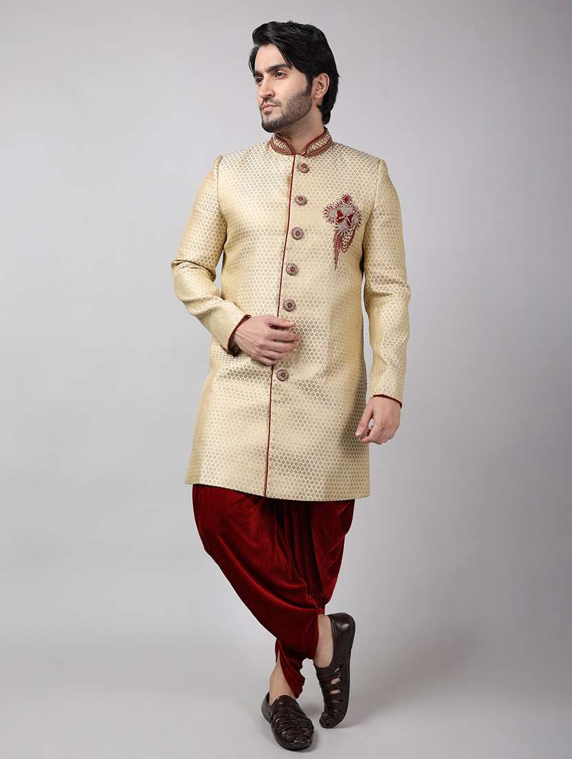 golden silk brocade sherwani ethnic wear set - 18473017 -  Zoom Image - 0