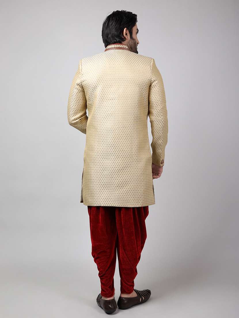 golden silk brocade sherwani ethnic wear set - 18473017 - Standard Image - 3