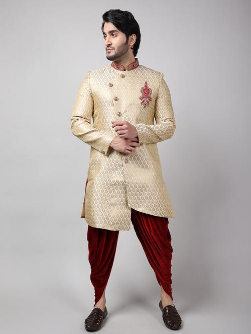 golden silk brocade sherwani ethnic wear set - 18473019 -  Standard Image - 0