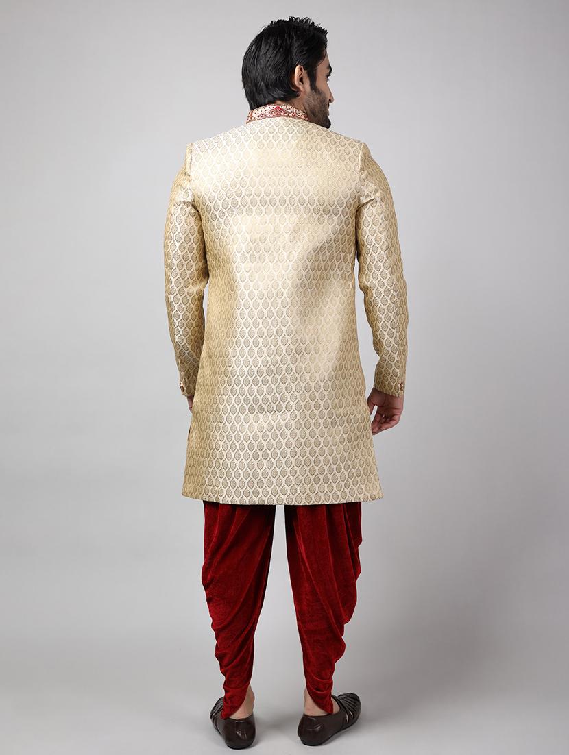 golden silk brocade sherwani ethnic wear set - 18473019 - Standard Image - 3